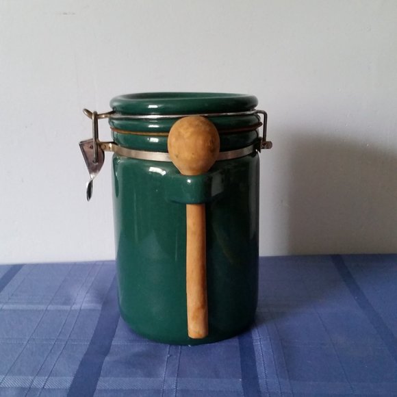 Kitchen Vintage Green Ceramic Canister With Wooden Spoon 8 Poshmark
